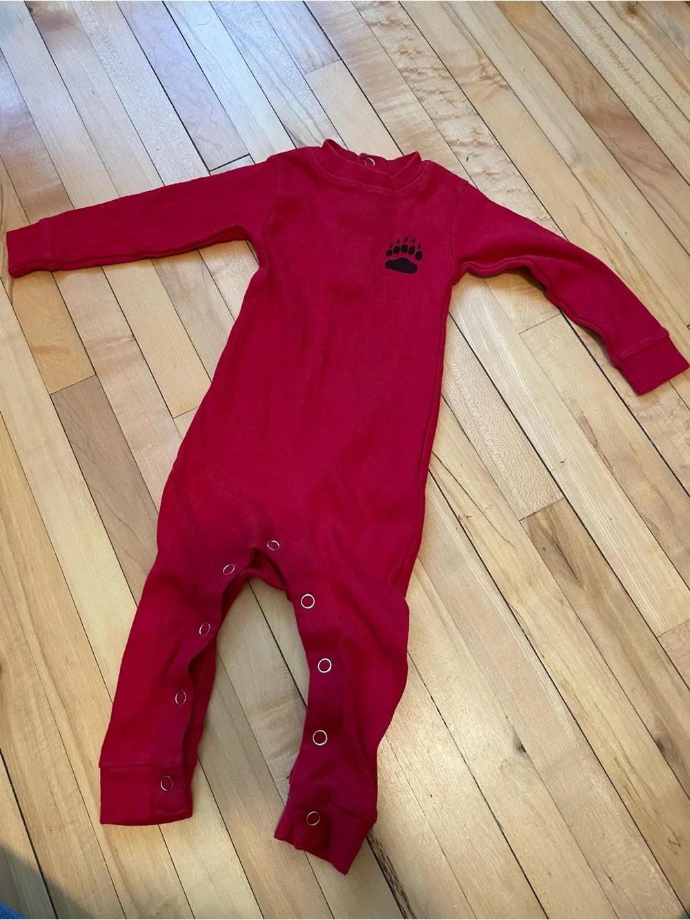 Lazy One Bear Bottoms red cotton baby onesie with black bear graphic Flap Jack